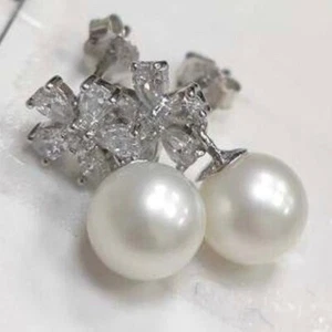 Sterling Silver Round White Cultured Freshwater Pearl Stud Earring Flower Shape - Picture 1 of 7