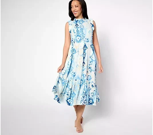 Vestido midi Denim & Co. Canyon Retreat manga volantes azul Ikat, X-grande A642459 Foto 1 de 1