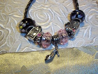 8 in European Pink & Black Glass Bead and Crystal Spacer Bead Bracelet K-62 - Image 1 of 3