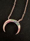 Over the Moon  16" Necklace Rainbow Stones Rose Gold Crescent Moon Double Horn