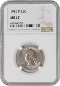 1986-P Washington Quarter 25c MS67 NGC 948186-1 - Picture 1 of 4