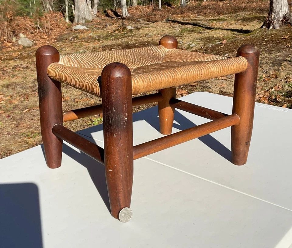 Taburete de pie de madera vintage rectangular banco tejido ratán superior 14,5" L Country Prim Foto 1 de 1