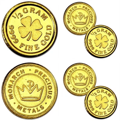LOT 2 X 1/2 GRAM MONARCH LUCKY FOUR LEAF CLOVER .9999 GOLD ROUNDS IN CAPSULE BU - Image 1 of 4