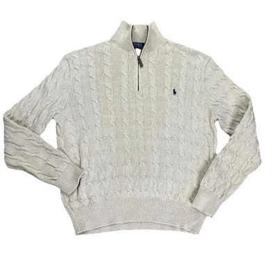Polo Ralph Lauren 男式 Cable-Knit 棉四分之一拉链毛衣 L 码 — 第 1/4 张图片