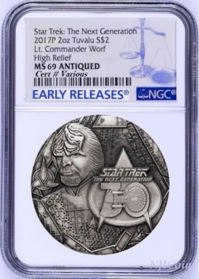 2017 STAR TREK The Next Generation COMMANDER WORF 2oz $2 SILVER COIN NGC MS69 ER - Image 1 of 4