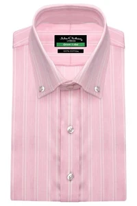 Camisa polo con botones cuello rosa blanco rayas ajuste a medida para hombre cena fiesta - Imagen 1 de 9