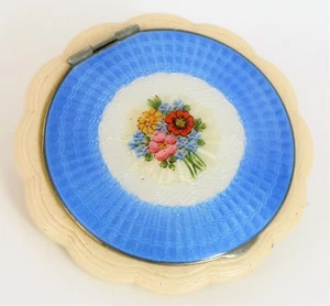 ANTIQUE BEAUTIFUL WATSON STERLING SILVER TOP GUILLOCHE ENAMEL FLOWERS COMPACT - Picture 1 of 4