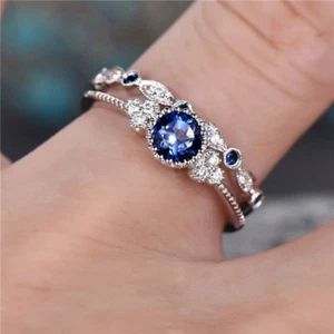 Female Emerald Green And Trinket Blue Sapphire Engagement Wedding Rings Set FW - Picture 1 of 15