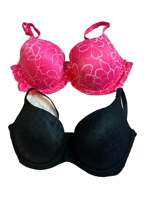 SUJETADOR PUSH UP ROSA BRILLANTE y Negro Paquete Encaje ~ Mujer Talla 34DD Foto 1 de 4