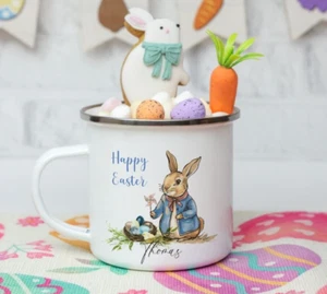 Personalised Easter Bunny  Enamel Mug, coaster set, Unique Rabbit design gift - Picture 1 of 2