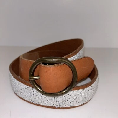 Lucky Brand Beaded Leather Belt Women Size Medium Made In India Light Brwn/White - Image 1 of 4