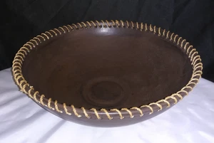 Handcrafted Large Brown Bowl Rope Stitched Edge Home Decor Pottery Bowl - Picture 1 of 10