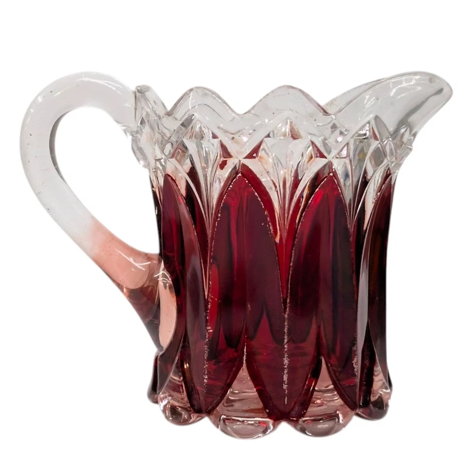 Vtg Ruby Stained Glass Pitcher Etched Victorian Style with Handle 4.5" x 4.5" - Image 1 of 4