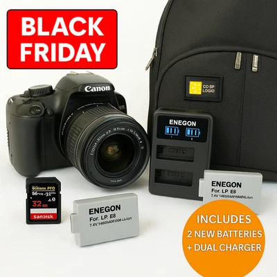 Canon EOS Rebel XS DSLR 10.1MP w/ 18-55mm IS Lens, 32GB SD, 3 Batteries & Bag - Image 1 of 4