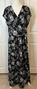 Maxi Vestido Lands End Pima Algodón L Negro/Blanco Estampado Floral Estilo Envolvente Tropical - Imagen 1 de 7