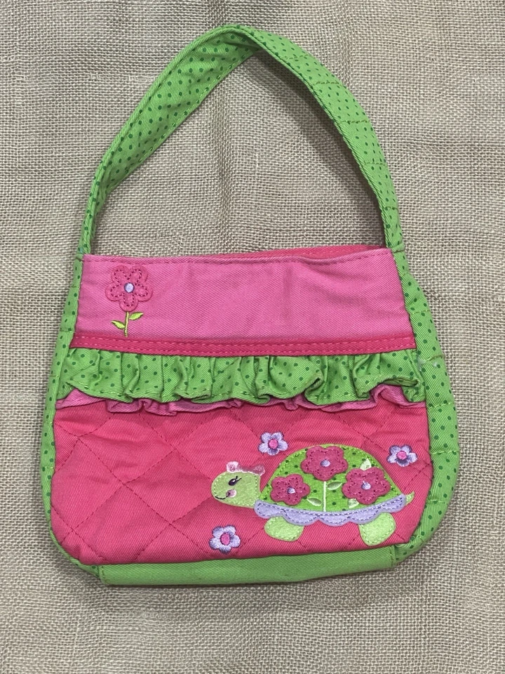 Stephen Joseph Girls Purse - Pink & Green - Turtle / Flowers Appliqué Cotton - Image 1 of 4