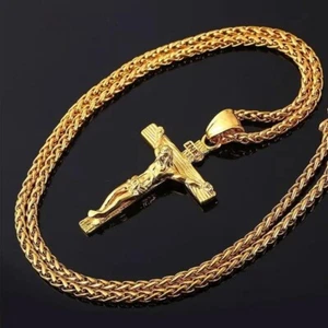 Mens Gold Stainless Steel Jesus Christ Crucifix Cross, Necklace Chain 24" - Picture 1 of 4