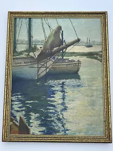 Antique Wpa Era Painting 1930’s Mystery Signed Nautical Marina Boats Coastal Oil - Picture 1 of 21