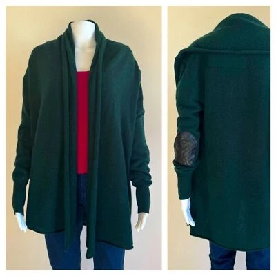Cárdigan Bloomingdale's verde oscuro 100 % cuero cachemir parche frente abierto M Foto 1 de 4