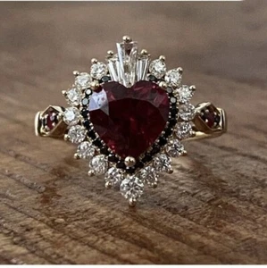 Impresionante Anillo de Plata 925 Diamante Creado en Laboratorio Corte Corazón Granate Rojo Doble Halo - Imagen 1 de 5