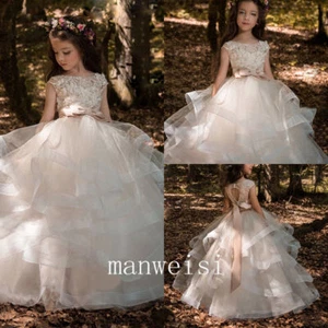 Flower Girl Dress Tulle Beads Lace Princess Party Gowns Floor Length Pageant New - Picture 1 of 8