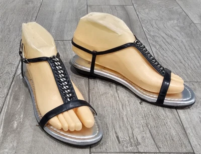 STUART WEITZMAN Black Leather Silver Chained T-Strap Slingback Sandals 7M - Image 1 of 4