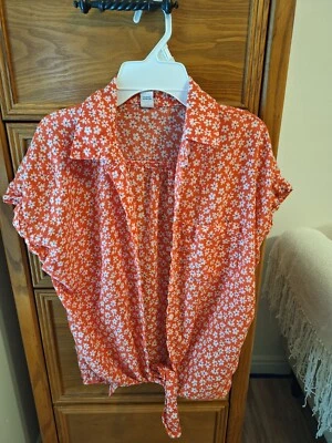 Old Navy Womens Linen Blend Top Red White Cap Slv Front Tie Short Sleeve Medium - Image 1 of 4