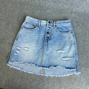 RUSTY Denim Skirt Womens Size 8 Blue Button Fly Distressed Wash Fade Denim Mini - Picture 1 of 11