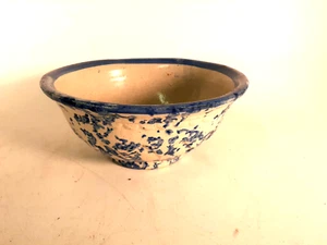 Antique Spongeware Mixing Bowl, Blue and White, Ca. 1890, 9" Diameter - Picture 1 of 5