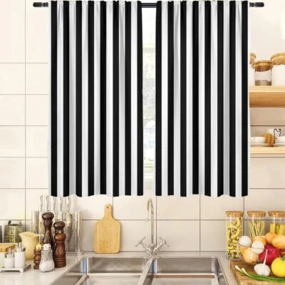 Black and White Kitchen Curtains Striped Window Treatment Tiers 2 Panels - Image 1 of 4