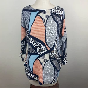 CHICO’S Lightweight Sweater Abstract Print Navy Blue Orange Leopard Sz 1 MEDIUM - Picture 1 of 8