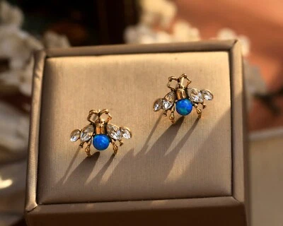 Ohrringe Clip On Golden Klein Insect Biene Perle Jade Opal Blau QD4 - Bild 1 von 4