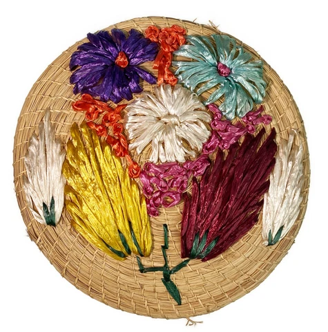 8” Woven Straw Basket Floral Lid Storage Stash Raffia Flowers Cover