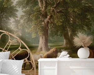 Tall Old Green Trees Retro Vintage Rural Landscape Wallpaper Murals - Picture 1 of 10
