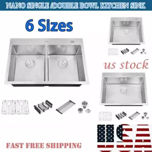 Scratch-Resistant Nano Stainless Steel Double Bowls Drop in Kitchen Sink W/Grid - Picture 1 of 75