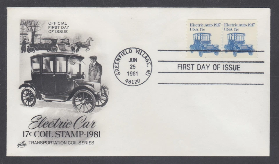 US Sc 1906, PNC 1 FDC. 1981 17c Electric Auto, Joint Line Coil Pair, ArtCraft - Image 1 of 1