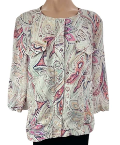 Chico's Linen Jacket  White Pink Navy Paisley Blouse Top Zip 3/4 Sleeve Sz 2/L - Picture 1 of 6