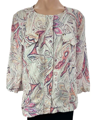 Chico's Linen Jacket  White Pink Navy Paisley Blouse Top Zip 3/4 Sleeve Sz 2/L - Image 1 of 4