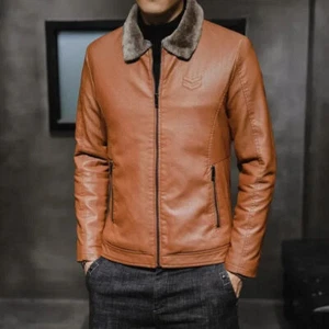 Neue dicke braune Lederjacke Herren Winter Herbst Herren Jacke Mode Kunstfell - Bild 1 von 10