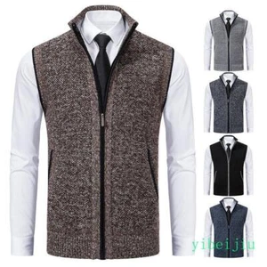 Men's Stand Collar Knitted Sweaters Vests Zip Casual Cardigan Waistcoats Formal - Picture 1 of 19