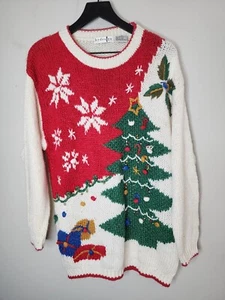 Vintage By Design White/Red Christmas Sweater Size L Tree Presents Snowflakes - Picture 1 of 5