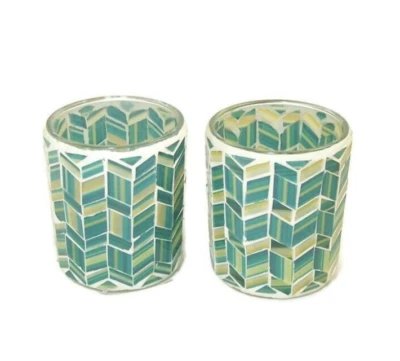 Yankee Candle Blue Mosaic Votive /TL Candle Holder Blue Herringbone X2 New - Image 1 of 4