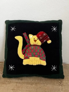 Holiday Accent Pillow 3D Cat Wearing Hat And Christmas Sweater Black Green 13x13 - Picture 1 of 7