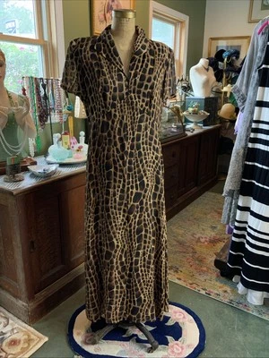 VTG Liz Claiborne Women's Giraffe Print Maxi Dress Short Sleeve Zip Button Sz 12 - Image 1 of 4