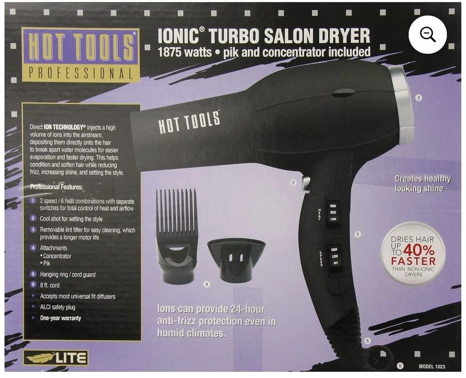 Hot Tools 1023 Hair Dryer 1875 Watt Ionic Turbo - Image 1 of 4