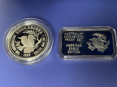Australian Kookaburra American Eagle 1993 prueba privada + barra de plata .999 285/500 Foto 1 de 4