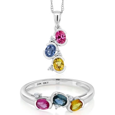 Juego de bandas de aniversario de oro blanco macizo de 10 quilates de 1,40 quilates rosa, amarillo y zafiro Foto 1 de 4