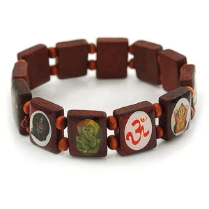 Brown Wood Ganesh & OM Stretch Icon Bracelet - 18cm L - Picture 1 of 4