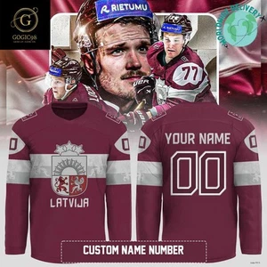 Personalized Latvia Hockey International Ice Hockey Federation Hockey Shirt Red - Picture 1 of 5