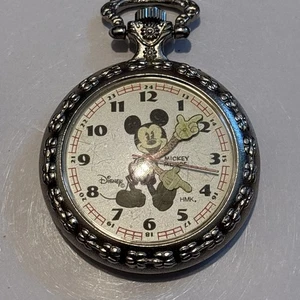 Vintage Disney HMK Mickey Mouse Silver Michenical Pocket Watch, Working Well - Picture 1 of 6